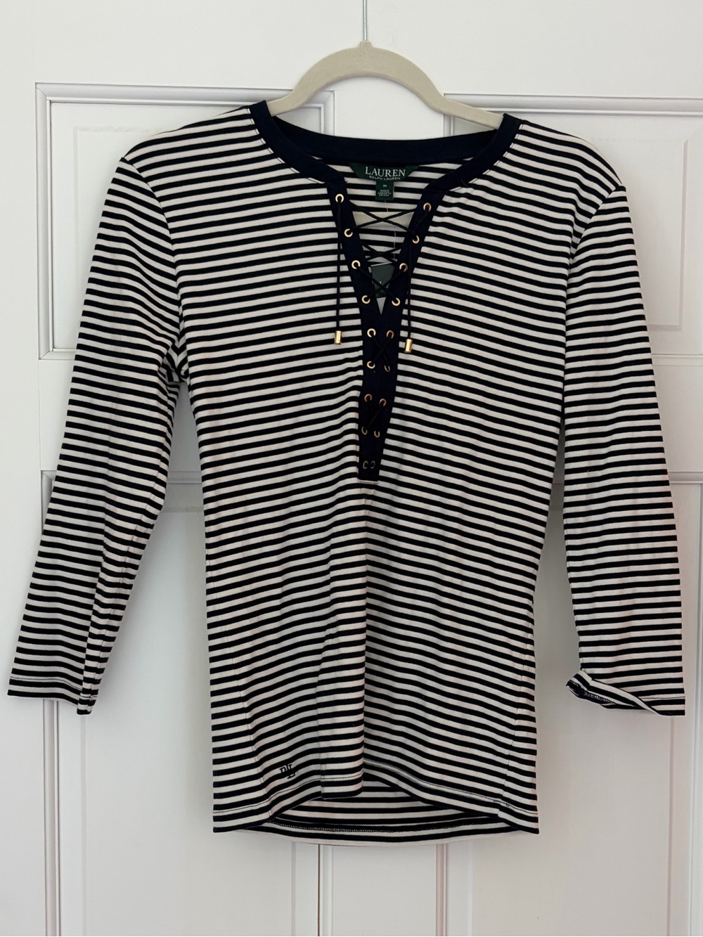 NWT Lauren Ralph Lauren Black & White Striped Lace-Up Women's Top
